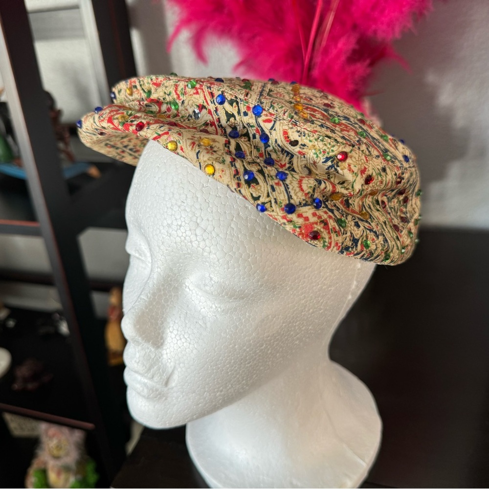 Vintage JW Robinson CO Fabric Cap with Colorful Gems